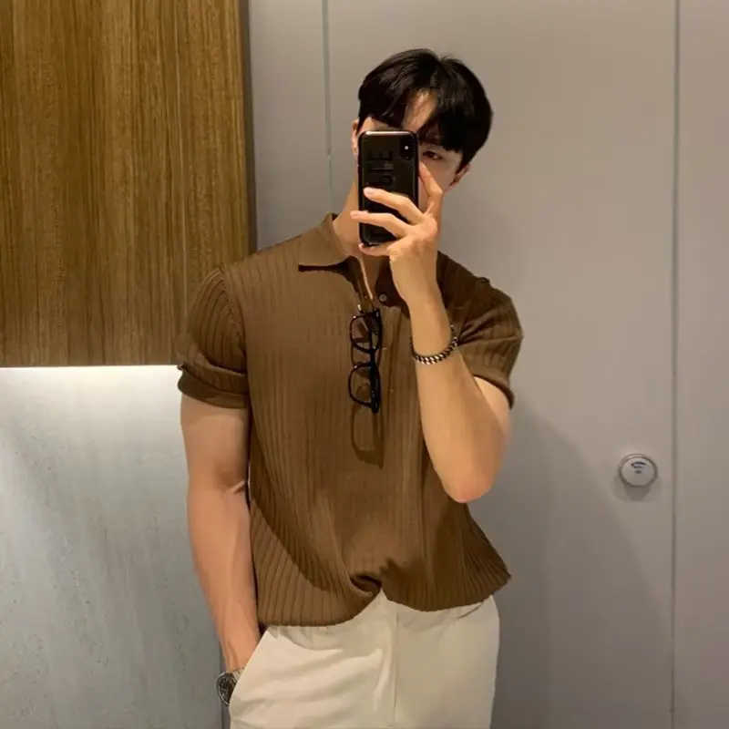 Lapel Polo Shirt, Men's Casual Summer Textured Color Korean-style Knitted Sweater, Short-sleeved T-shirt, Men's Black Base Layer
