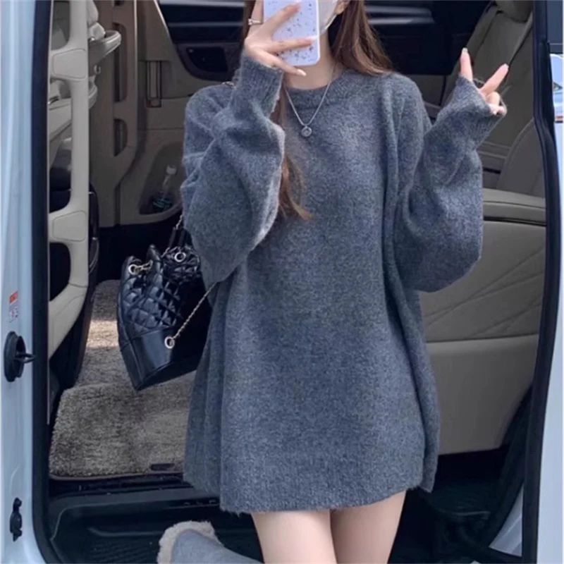 

Korean Straight Mid-Length Knitted Sweaters Women Autumn Winter Lazy Loose O-Neck Pullovers Casual Solid Color Streetwear Tops