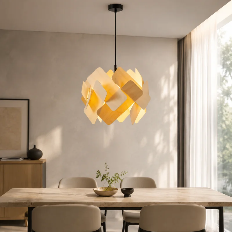 Nordic Modern Minimalist Geometric Wood Interlocking Panels Sculptural Hanging Fixture Indoor Dining Room Bedroom Pendant Lamp