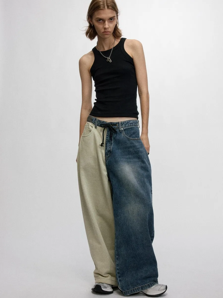 Drawstring Spliced Baggy Torn Patchwork Goth Grunge Women's Jeans Aesthetic Pants Trousers for Women Girls Streetwear Winter