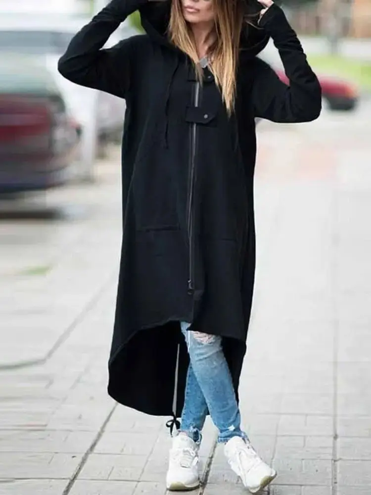 

Casual Hooded Long Sleeve Women's Top Zipper Street Style Loose Fit Regular Sleeve Length Middlelong Spring Season Color