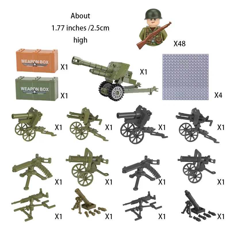 Estatuetas de blocos de construção militares, estatuetas de blocos de construção, canhões obrigatórios, modelos de armas, conjuntos de equipamentos, brinquedos de montagem