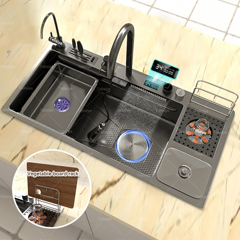 304 Stainless Steel Waterfall Kitchen Sink Household Multifunctional Large Single Bowl Washing Basin With Waste Container