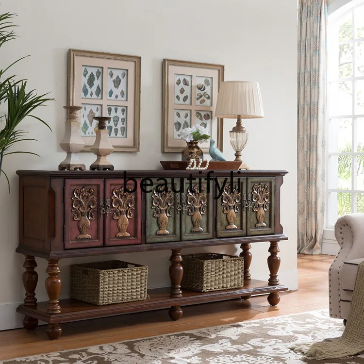 

European Style Entrance Cabinet Carved Creative Six-Door Storage Cabinet Vintage Solid Wood Sideboard