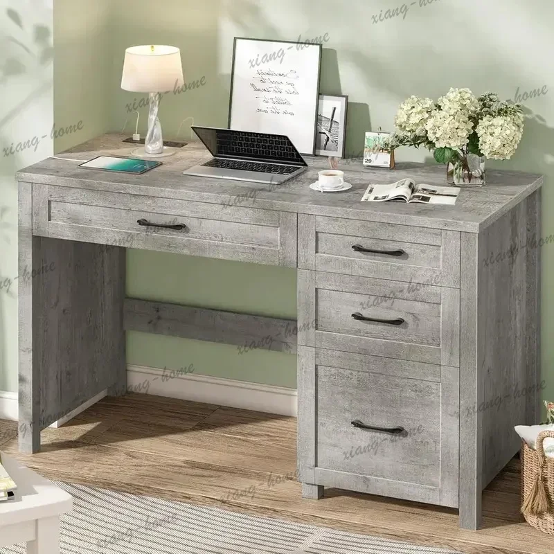 LD High Quality 47 Inch Grey Executive Desk, Home Office Computer Workstation with 4 Drawers, File Drawer and Charging