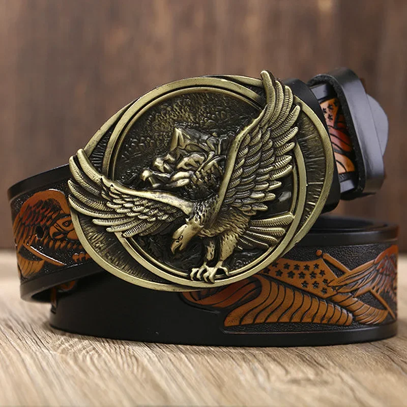 3.5cm Eagle Automatic Buckle Belt Emboss Cowskin Belt Quality Men Strap Genuine Leather Gift for Jeans Men Luxury Belt New 2024