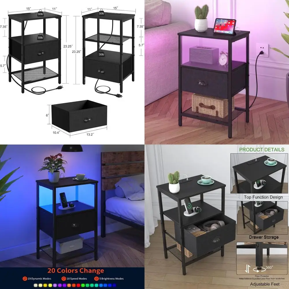 

Sthmec Nightstands Set of 2, LED Bedside Tables with Charging Station and Fabric Drawer, Night Stand with Storage, 3 Tier Side T