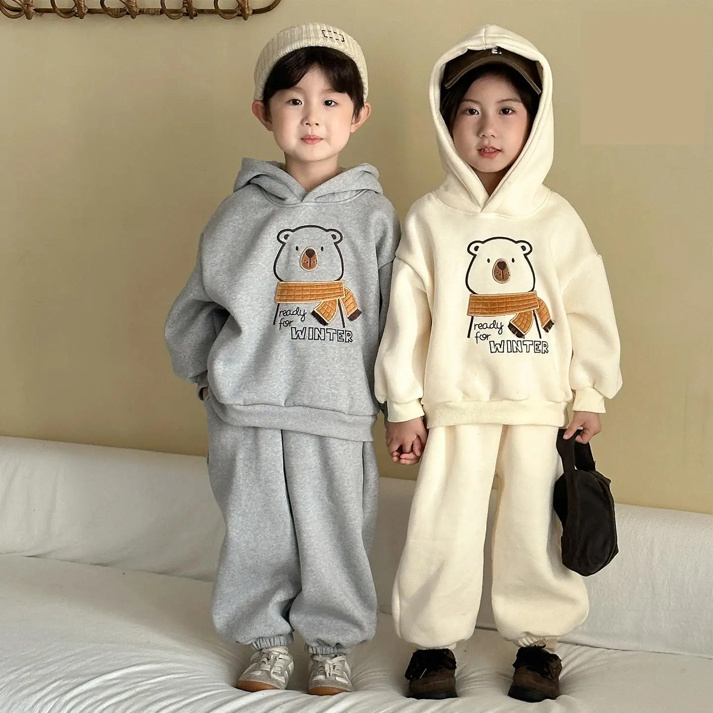 

2025 Winter New Children Long Sleeve Clothes Set Plus Velvet Thick Boys Girls Cartoon Hooded Sweatshirt Suit Kids Fleece Outfits