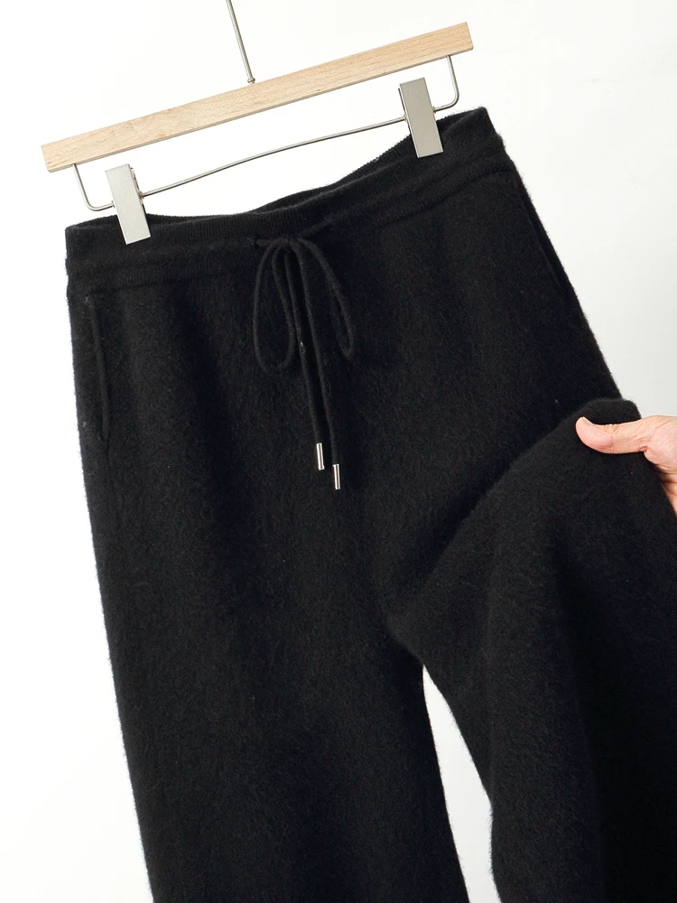 Men Wool Banana Pants Autumn Winter Loose Thicken Pencil Pants Drawstring Elastic Waist 100% Merino Wool Knitted Casual Trousers