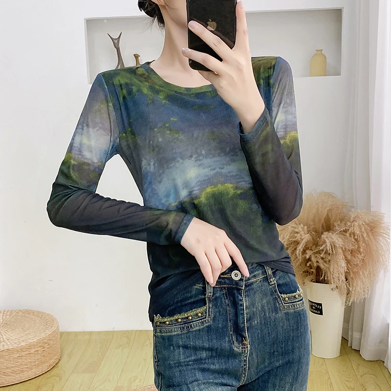 MadBlack-Women European T-Shirt, Sexy O Neck Geometry Print, Streetwear Long Sleeve Slim S-3XL Mesh Tee, 2025 Autumn T59301CC