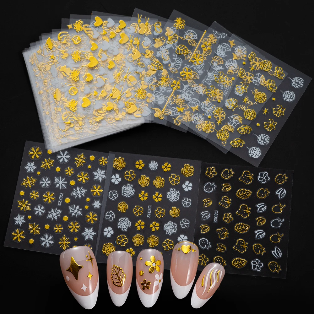 30Pcs Laser Gold Silver Y2K Star Moon Nail Sticker Bronzing Heart/Flower/Leaf/Butterfly Adhesive Decals DIY Nail Tips Sliders