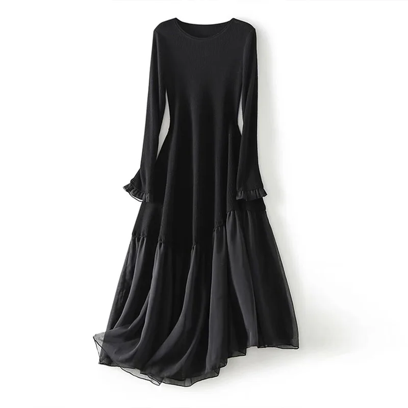 Vendita calda donne nero Patchwork vestito in maglia per la primavera autunno 2023 nuova moda o-collo sottile femminile lungo fondo maglione abiti