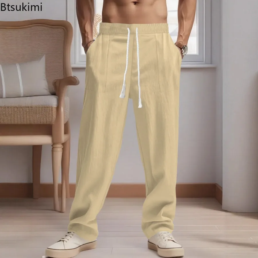 

New Men's Casual Linen Trousers Spring Pockets Drawstring Straight Pants Breathable Vacation Beach Pants Men Jogging Sweatpants
