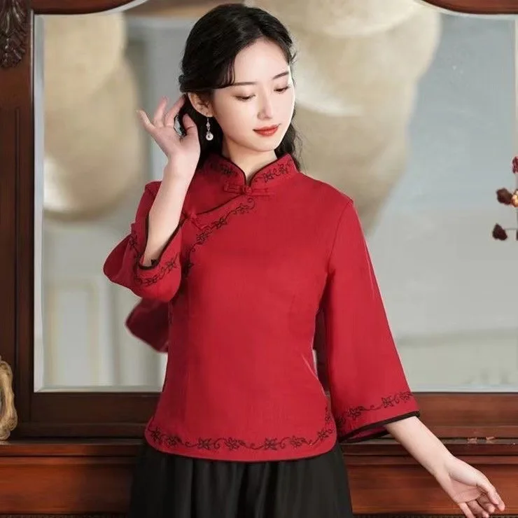 Qipao Top  2025 Retro Literature Art Chinese Style Simple Chic Embroidery Blouse Students Campus Daily Temperament Qipao Top