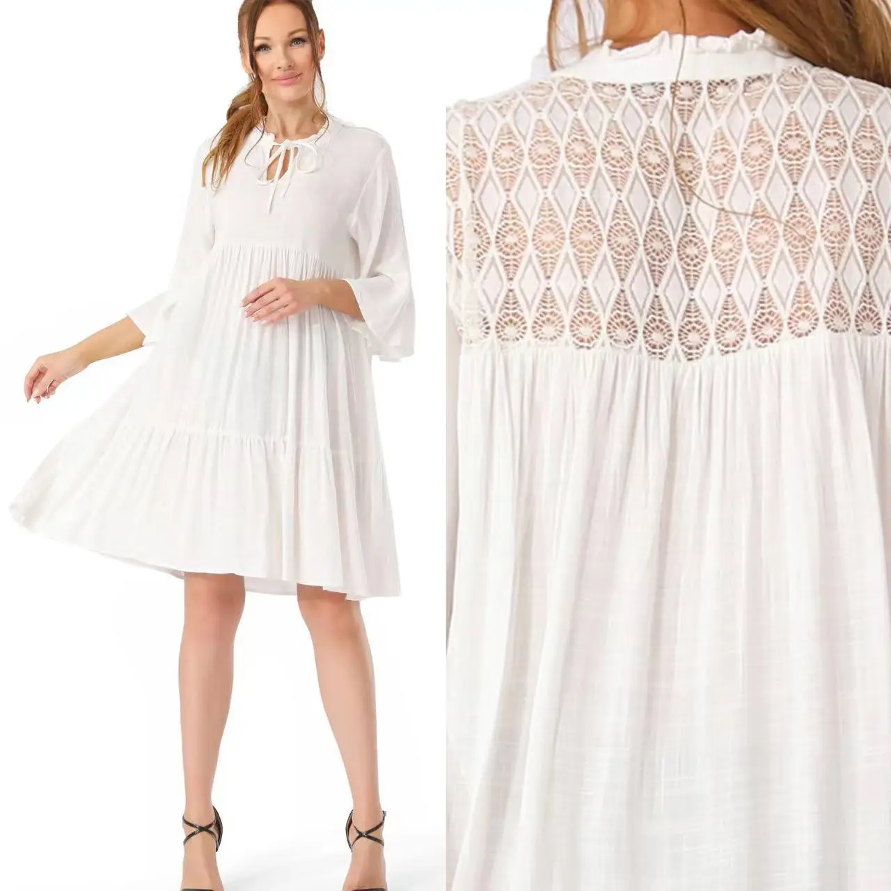 

Independently Developed Designed Bamboo Cotton Solid Color Dress With Lace Patchwork At The Back, Mid Length And A-Line Skirt