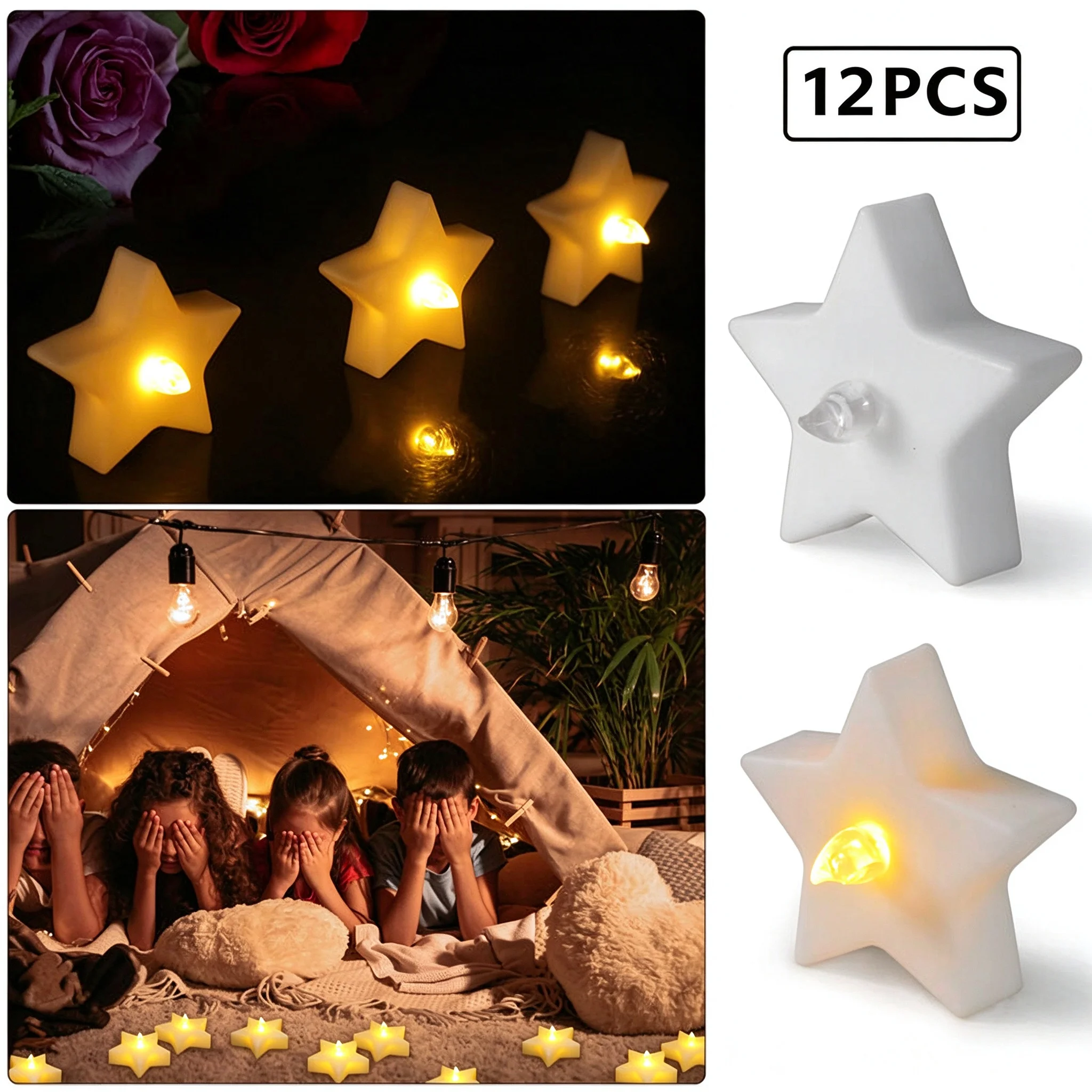 12Pcs LED Electronic Star Tealight Warm White Flameless Decorative Plastic Candle Night Lamp Party Birthday Christmas Proposal