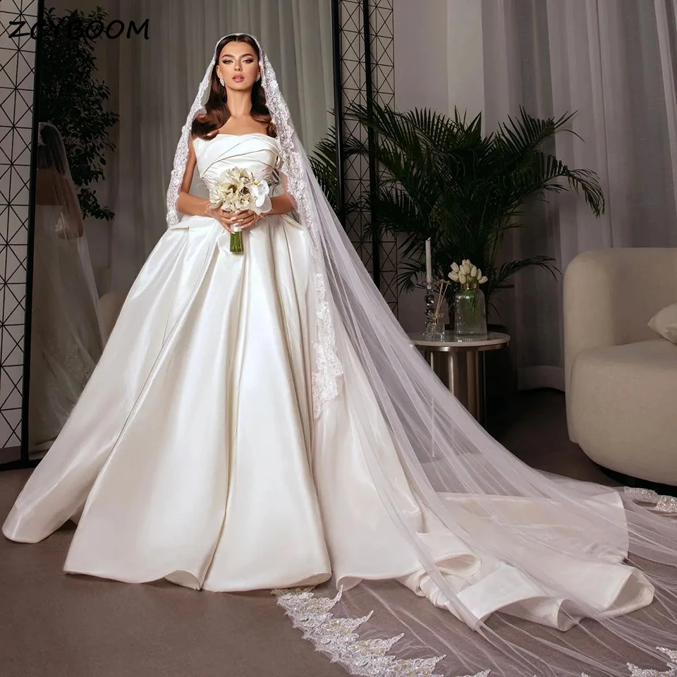 

Luxury White/Ivory Strapless Satin Ball Gown Wedding Dress 2024 Dubai Sleeveless Chapel Train Women Bride Gowns Vestido De Novia