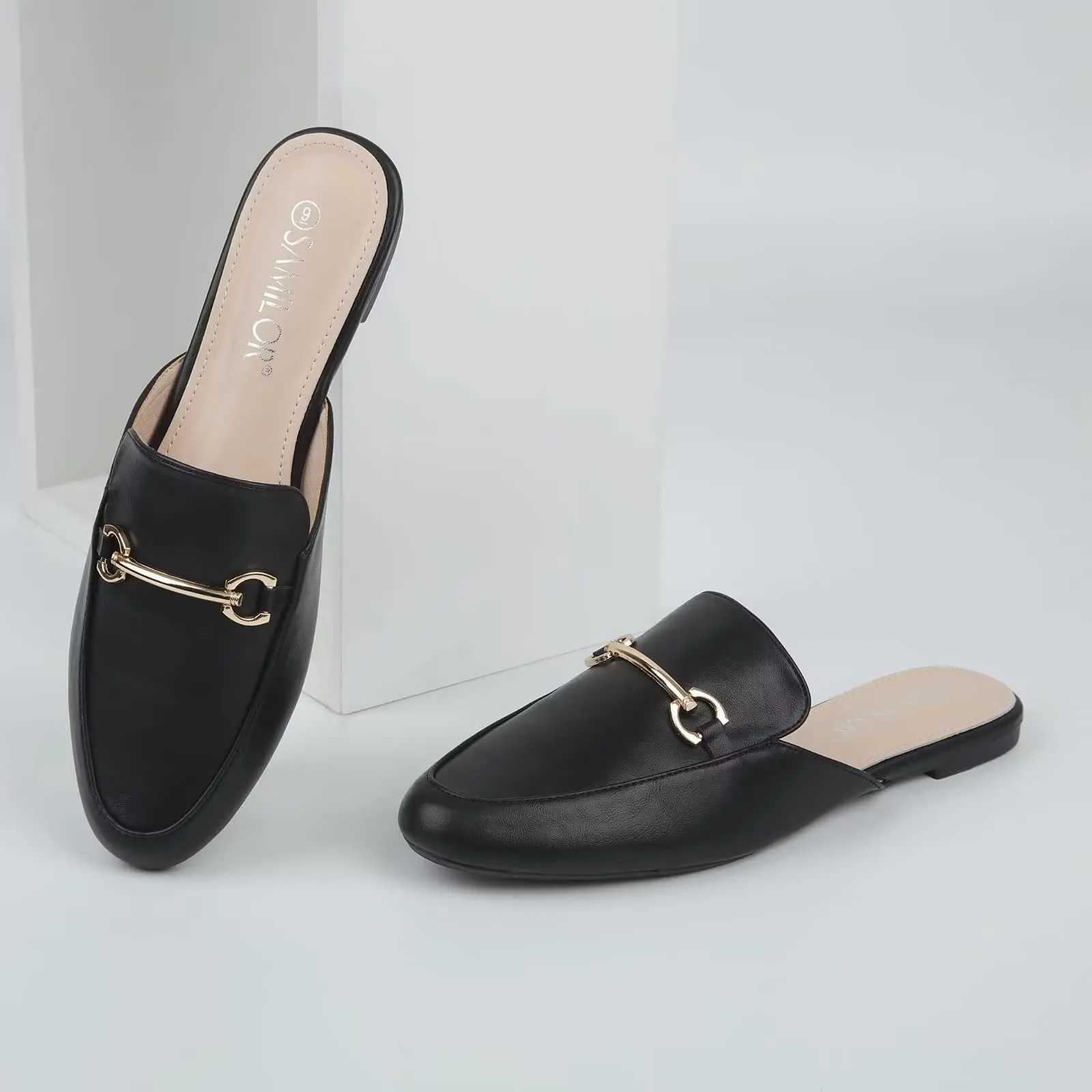 MUSSHOE Women Mule Slippers with Buckle Pointed Toe Slip-On Slippers Flat Backless Shoes Soft Leather Mule Shoes All the Season