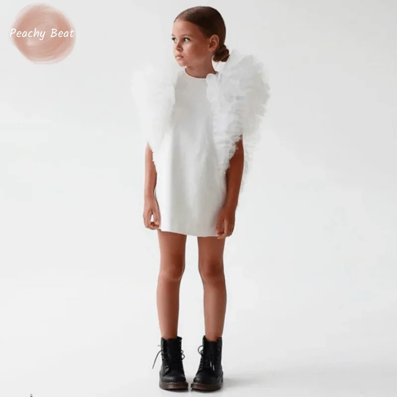 

Kids' White Dress with Tulle Wing Sleeves, Stylish Toddler Girls' Outfit, Unique Party/Costume Look Casual & Fancy Wear