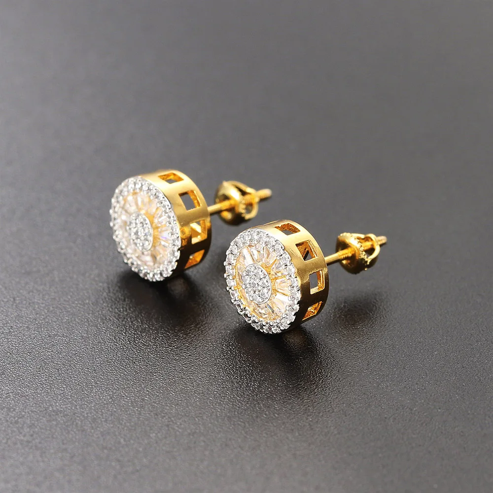 Round Crystal Stud Earrings for Women Gold Color Cubic Zirconia Hip Hop Earring Mens Jewelry Bulk Items Wholesale Lots OHE123