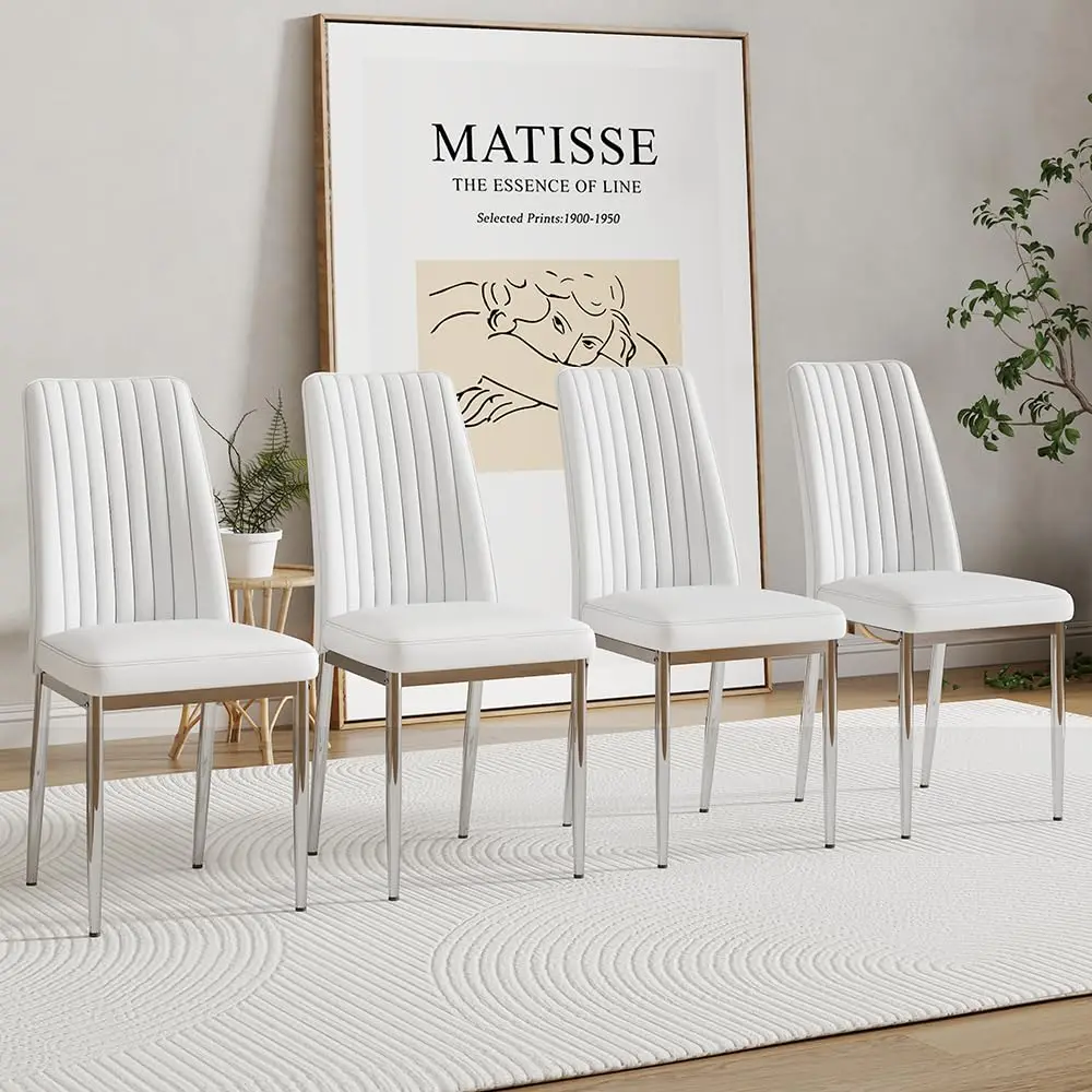 White Leather Chair, Modern Dining Chair Set of 4 with PU Leather and Chrome Leg, Sillas de Comedor with High Back for, Custom