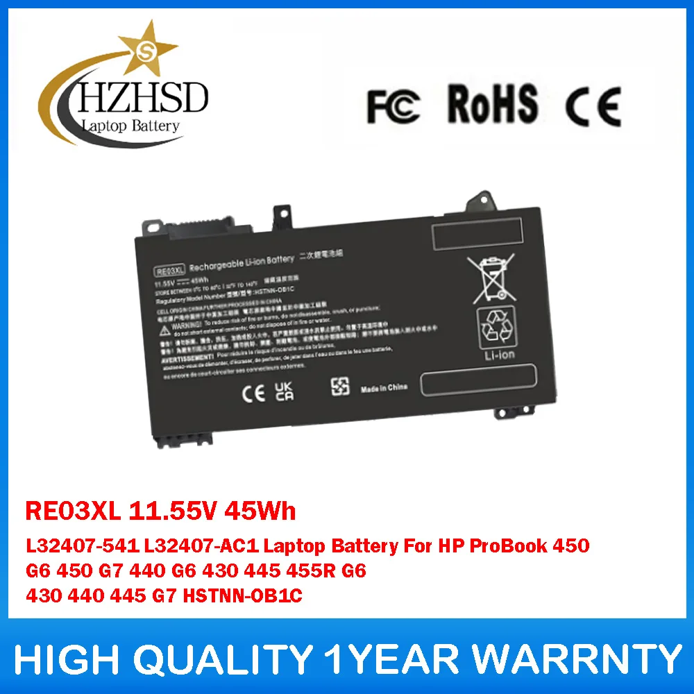 

RE03XL 11.55V 45Wh L32407-541 L32407-AC1 Laptop Battery For HP ProBook 450 G6 450 G7 440 G6 430 445 455R G6 430 440 445 G7
