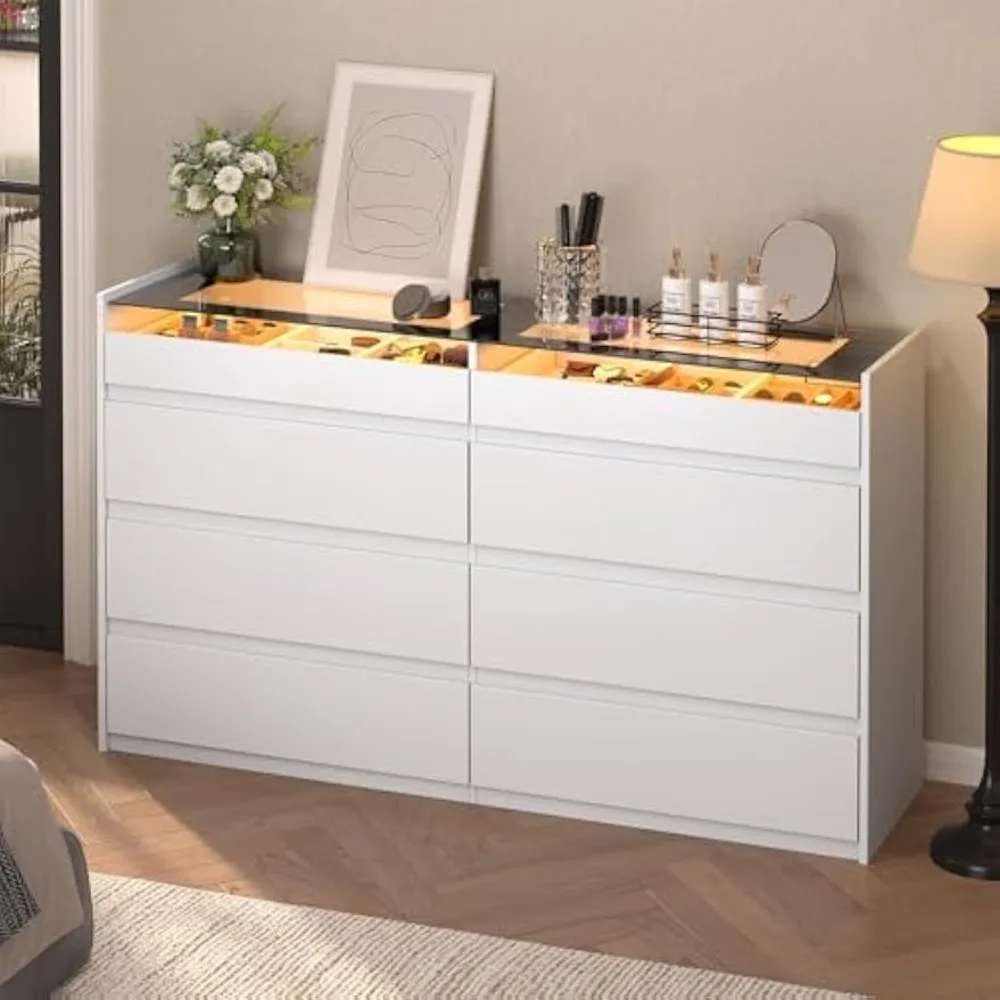 Weiße Kommode für Schlafzimmer, 8-Schubladen-Kommode mit Glasplatte und LED-Licht, moderne Kommode, Schmuckschrankinsel mit Dr