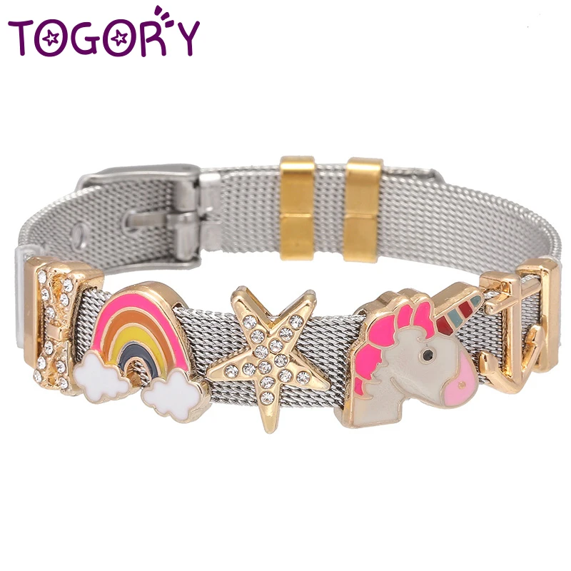 High-Quality Design Jewelry Heart Rainbow Unicorn Fine Charms Bracelets with Stainless Steel Keeper Mesh Bracelet For Women
