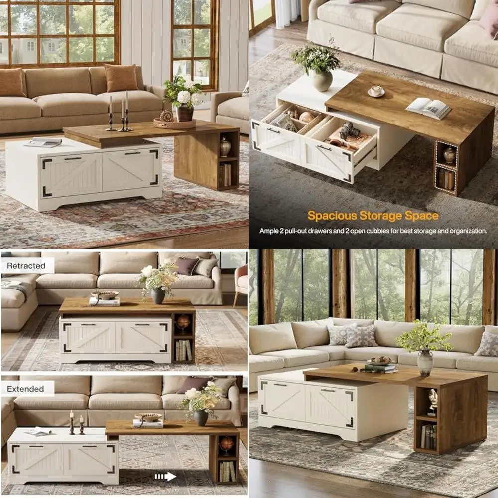 โต๊ะกาแฟทรงสี่เหลี่ยมผืนผ้าแบบขยายได้ขนาดใหญ่พร้อมที่เก็บของสำหรับห้องนั่งเล่น ขนาด 47.24 นิ้ว