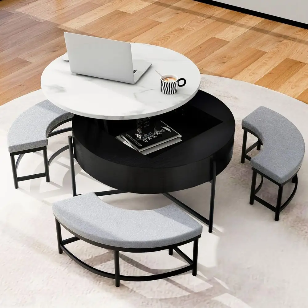 

Round Coffee Table with Stools, Nesting Set, Black Table with Storage, Marble Top for Living Room or Home Office, 31.5