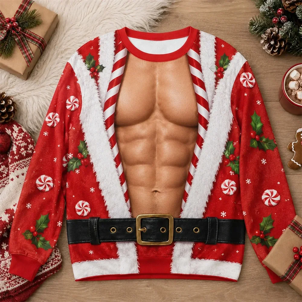 3D Full Fake Muscle Pattern Ugly Sweater for Men Funny Sexy Fitness Body Long Sleeve Crew Neck Sweatshirt Autumn Christmas Trend