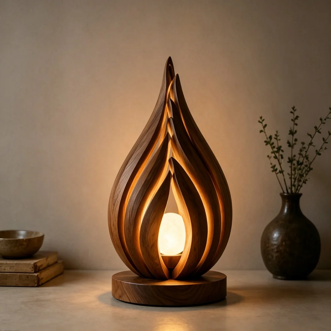 Tear-drop-shaped Flame-themed Walnut Wood Engraved Wall-Mounted Mirror-surfaced Spherical Warm Light Artistic Handicraft