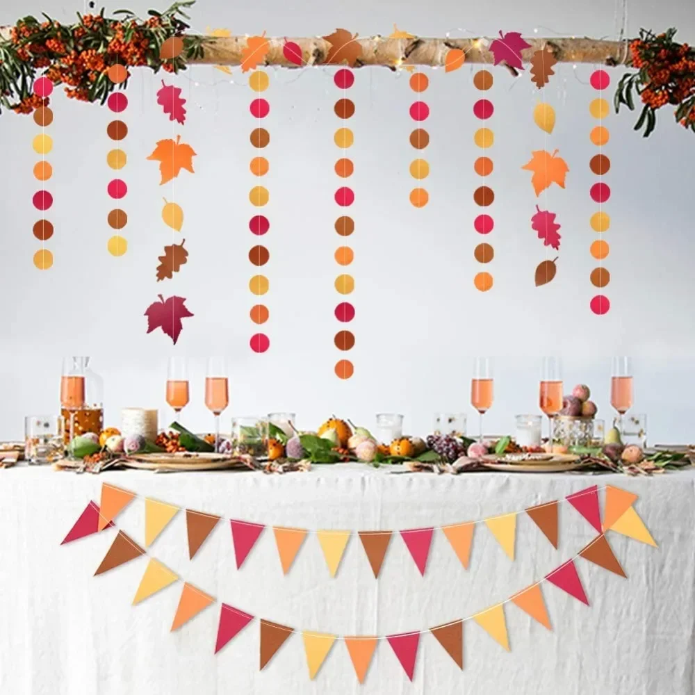 Decoración para fiestas de otoño en tonos naranja, rojo y marrón, cinta con hojas de arce, bandera triangular de agradecimiento, decoración para fiestas de otoño y cosecha