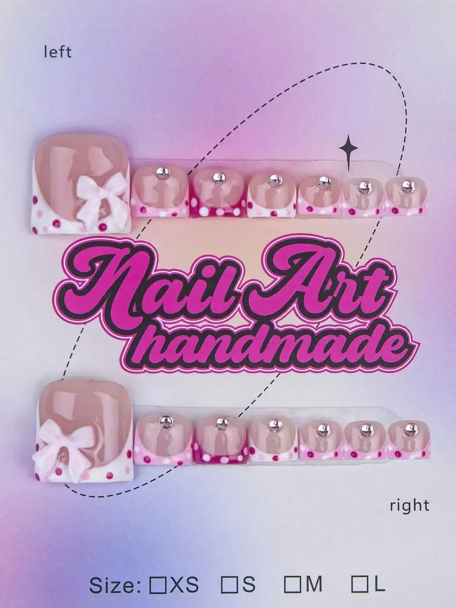 

Summer False Toe Nails Kit, 14Pcs Shiny Square Handmade Pink Toenails, 3D Floral Bow Rhinestone Pearl Decor with Nail Tools
