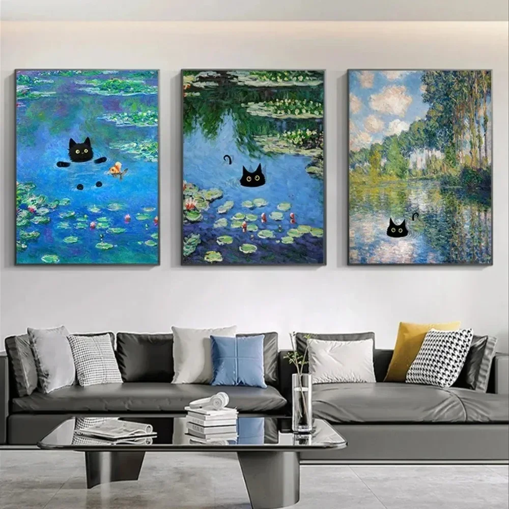 Large-sized 1pc frameless Canvas Painting 1pc Frameless Claude Monet Artworks Interesting Cute Black Cat Lotus Pond Poster Canva