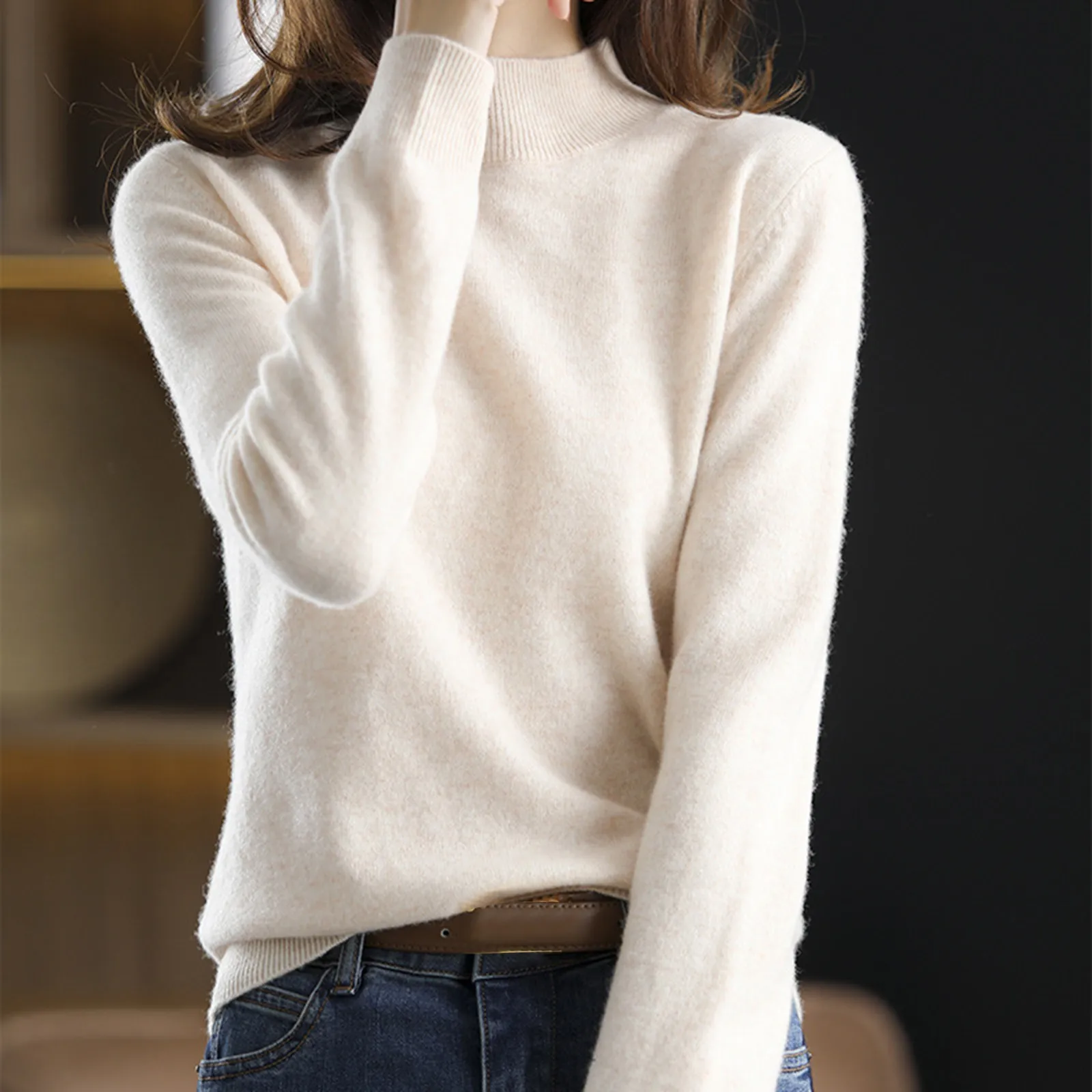 Casual Women Sweater Autumn Winter Warm Slim Fit Bottoming Shirt Mock Neck Solid Color Loose Korean Knitwear Pullover Jumpers