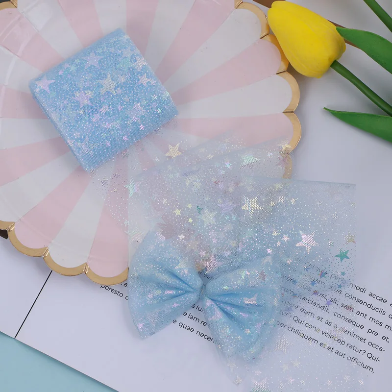 5Yards/lot Sky Blue Bronzing Star Mesh Fabric Handmade Princess Hair Bow Supplies Hair Accessories DIY Craft Applique 6cm 12cm