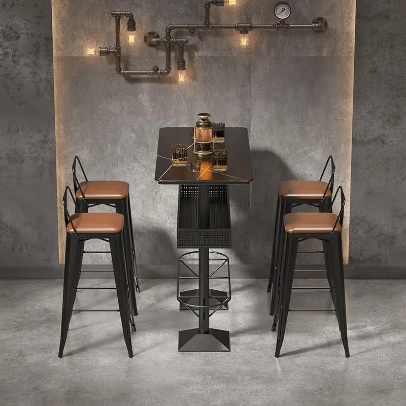 

New Arrival High Quality Leather bar Chair Industrial Style bar Table with Storage Basket