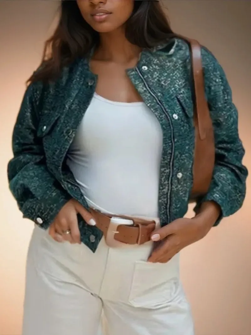 

Street Style Women's Jacket Fashion Green Short Jacket Metal Line Decoration Long Sleeve Jackets for Women New Outerwears