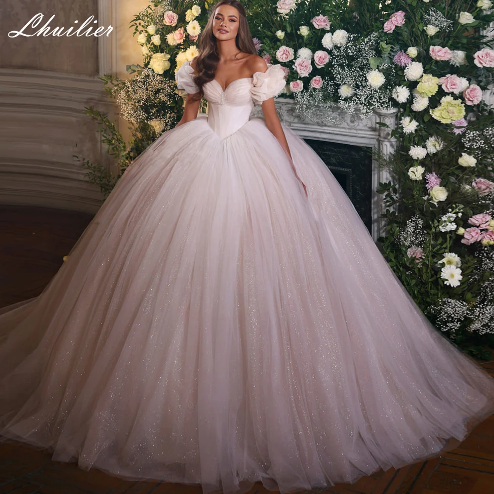 

Lhuillier Customized Off the Shoulder Ball Gown Shiny Tulle Wedding Dresses Floor Length Pleated Bridal Dress