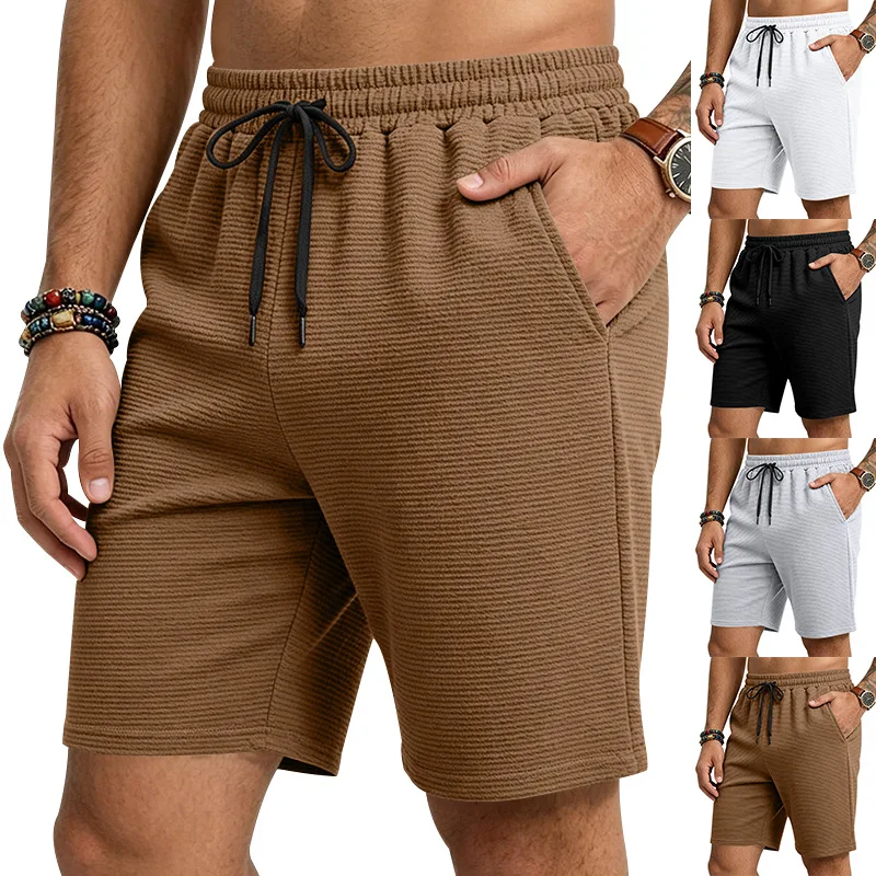 Men Waffle Knit Elastic Waist Drawstring Shorts Solid Color Summer Beach Workout Shorts