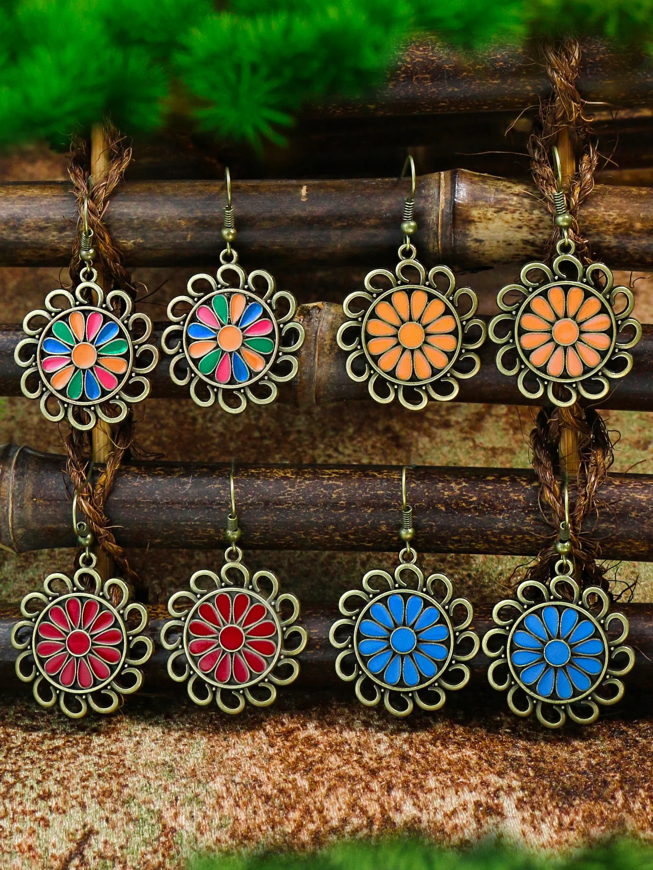 Vintage Bohemian Style Colorful Sunflower Alloy Dropping Oil Pendant Earrings Pendant Ornaments Women's Daily Versatile