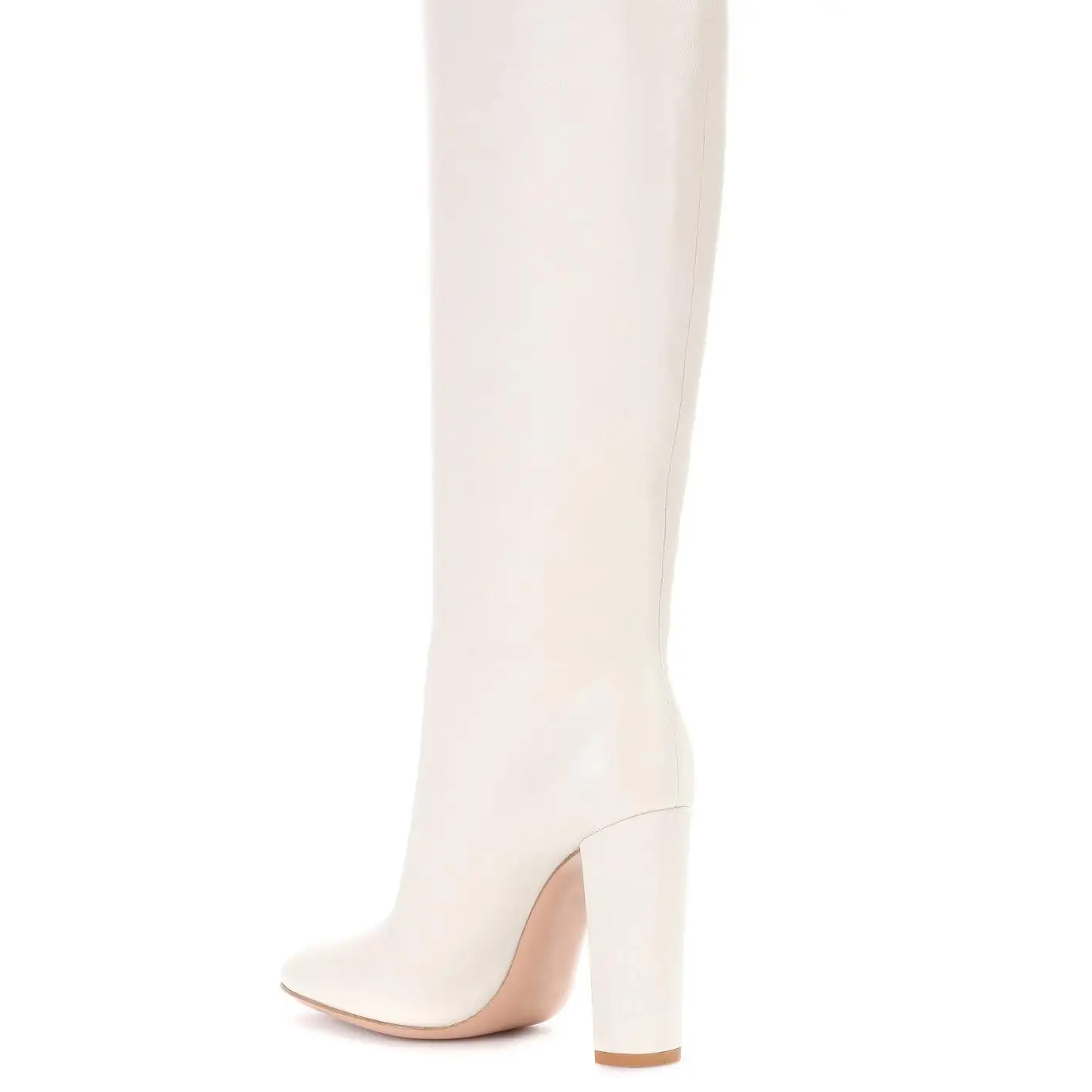 

Ladies Large Size Knee High Boots White Rubber Chunky Heel Faionable Winter Boots round Toe PU Leather round Cylinder Boots