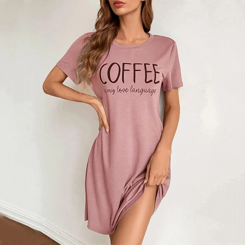 Summer Womens Milk Silk Coffee Letters Short Sleeve Nightdress Pajamas