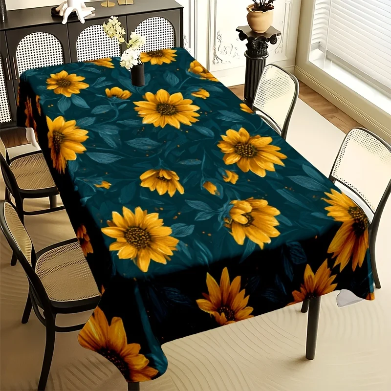 Vintage Sunflower Tablecloth, Dark Teal Background With Yellow Sunflower Pattern, Waterproof Table Cover for Daily & Party Use