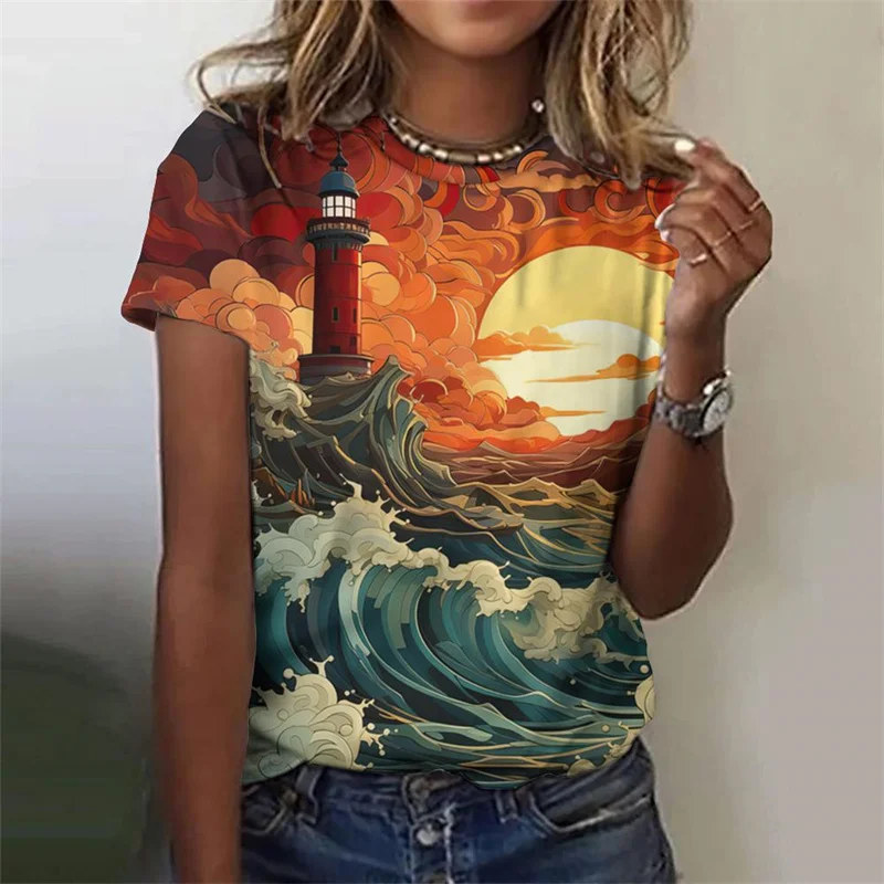 

3D Printed Ocean Lighthouse T-Shirt For Women Night Scene Graphic Tees Summer Casual Harajuku T Shirts Short Sleeves O-Neck Tops