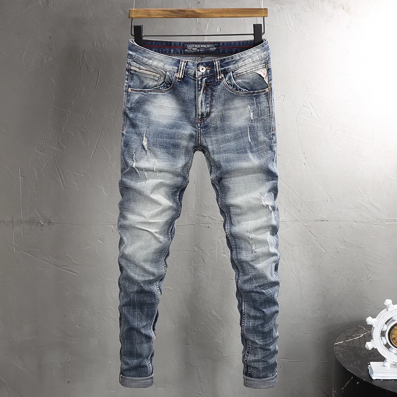 

Italian Style Fashion Men Jeans High Quality Retro Washed Blue Elastic Slim Fit Ripped Jeans Men Vintage Designer Denim Pants