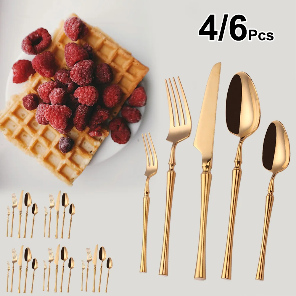 

4/6/12/15/16/20/24/30 шт. Золотая посуда из нержавеющей стали 304, столовые приборы, западный нож, вилка, зеркало, элегантный обеденный набор, столовые приборы