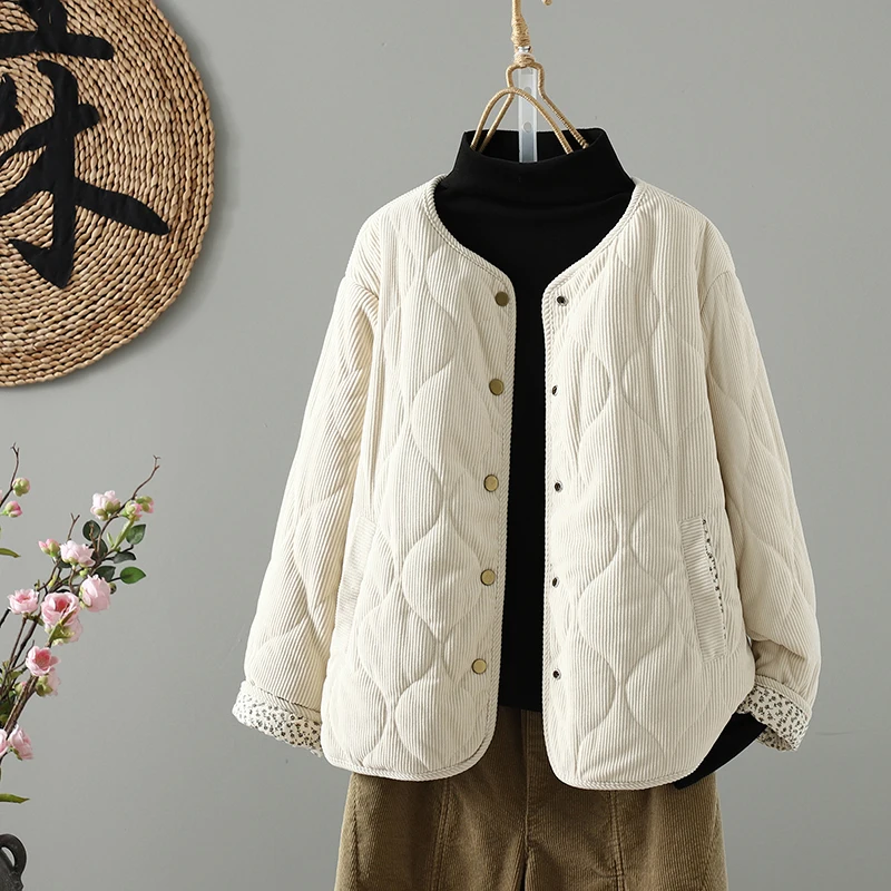 Jaet de algodão floral solto leve Thiened inverno outerwear ort frente longo ba design cor pura botão acima casaco