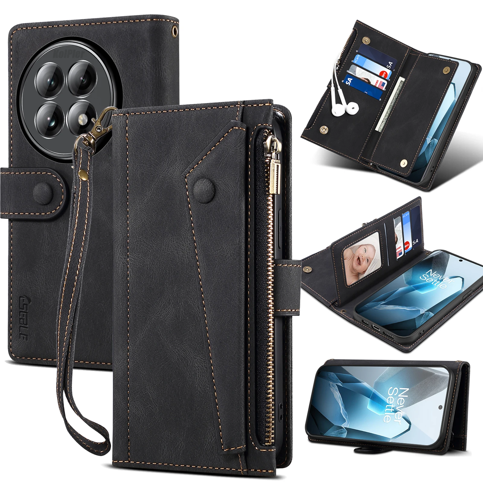 

Кожаный флип-чехол-кошелек для OPPO ONEPLUS 13/1 + 13, чехол для мобильного телефона с веревкой, роскошный чехол на молнии для смартфона Android Capa